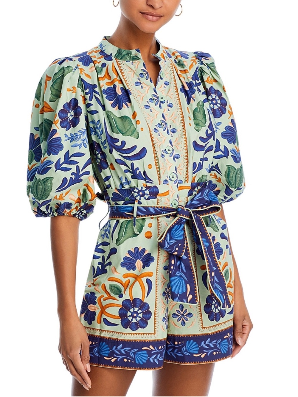 Floral Puff-Sleeve Tie-Waist Romper in Mint and Blue